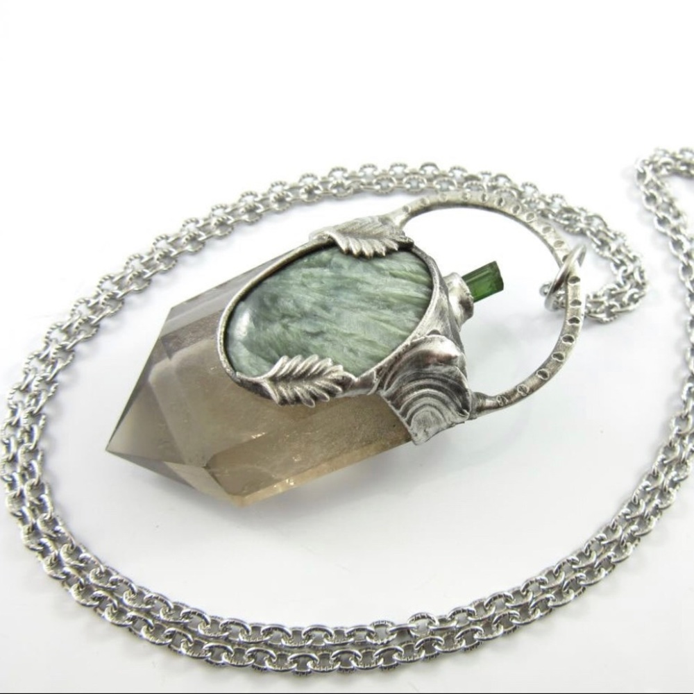 Crystal necklace- seraphinite, green tourmaline & smoky quartz crystal pendant